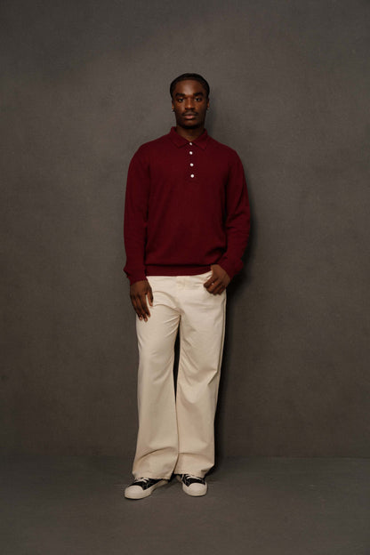 Men’s Cashmere Long Sleeve Polo - Burgundy
