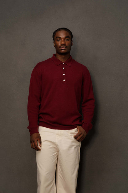 Men’s Cashmere Long Sleeve Polo - Burgundy