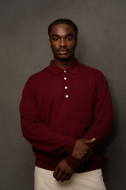 Men’s Cashmere Long Sleeve Polo - Burgundy