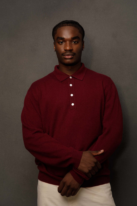 Men’s Cashmere Long Sleeve Polo - Burgundy