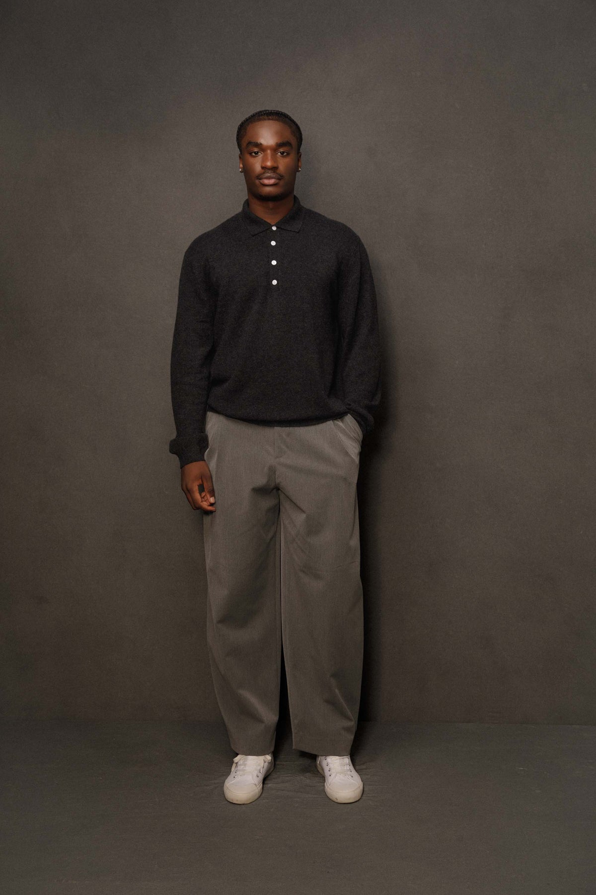 Men’s Cashmere Long Sleeve Polo - Charcoal