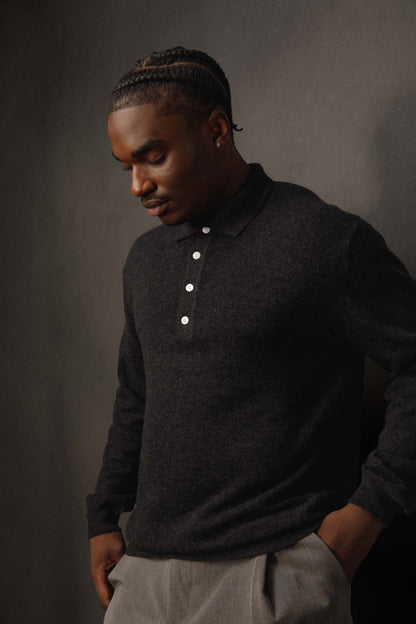 Men’s Cashmere Long Sleeve Polo - Charcoal