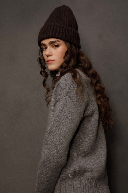 Ribbed Cashmere Beanie - Peat Brown