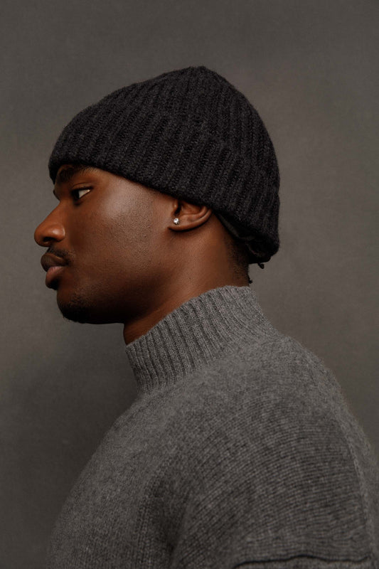 Ribbed Cashmere Beanie - Charcoal
