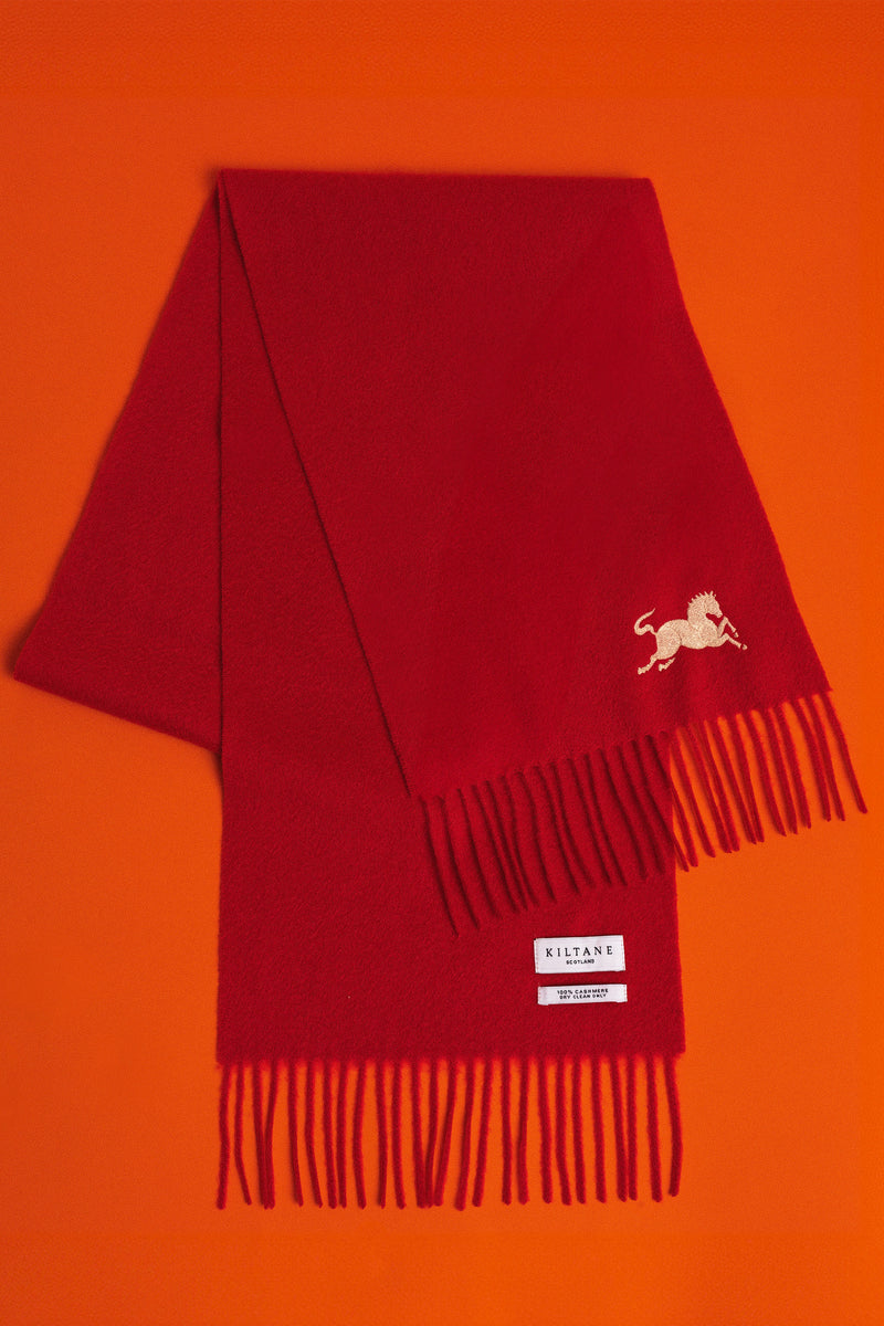 Year of the Horse Solid Red Cashmere Scarf - Gold