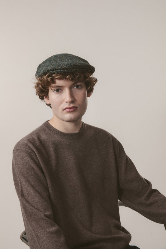 Harris Tweed Stornoway Cap - Dark Green Herringbone