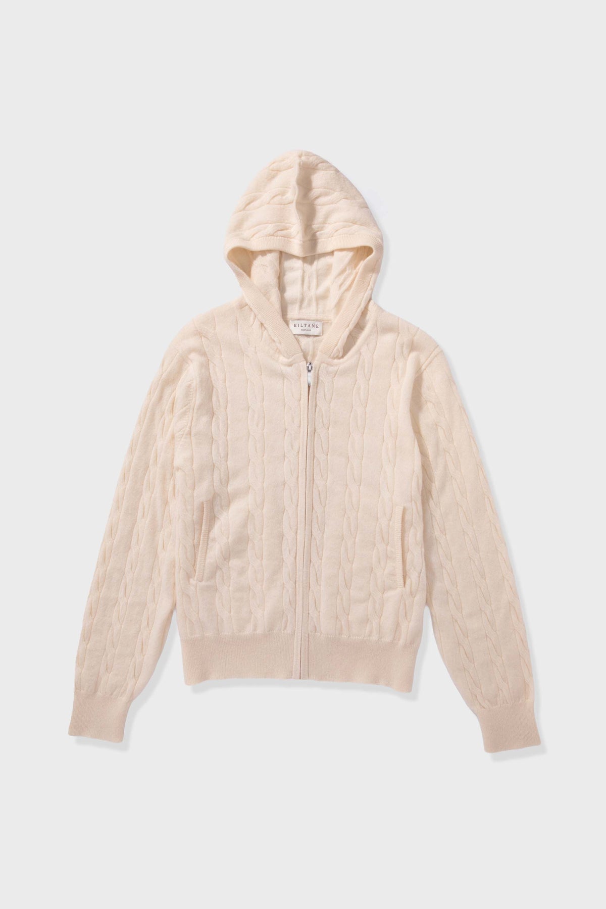 Unisex Cable Cashmere Zip Hoodie - Cream