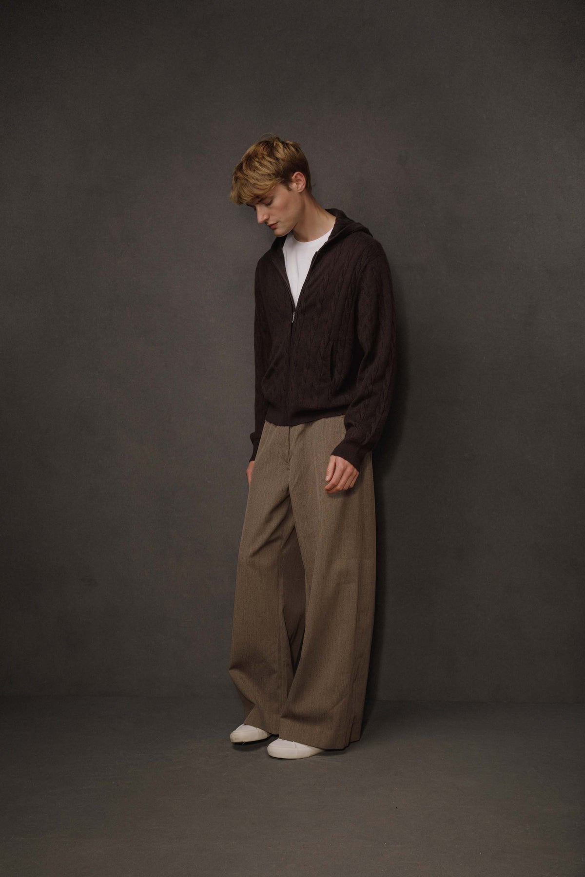 Unisex Cable Cashmere Zip Hoodie - Peat Brown