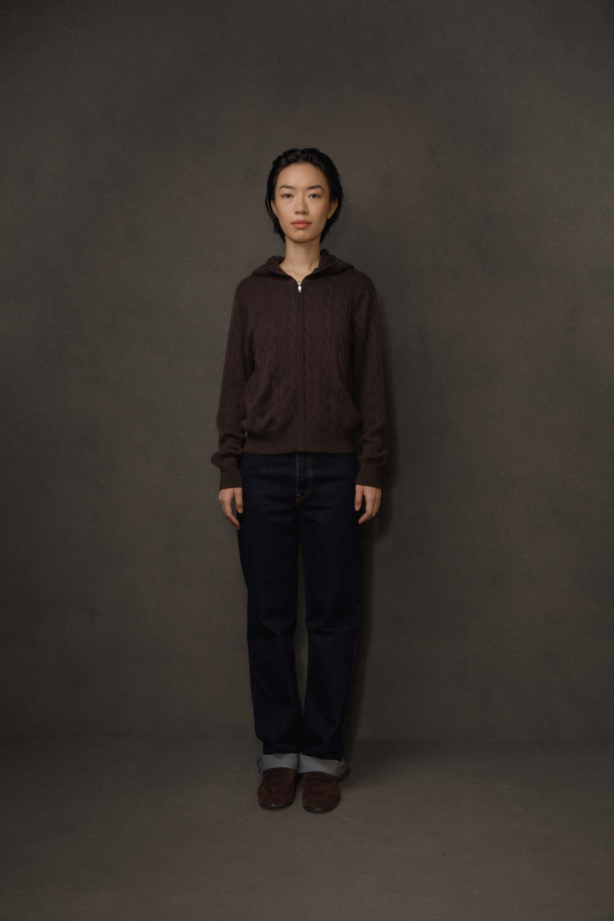Unisex Cable Cashmere Zip Hoodie - Peat Brown