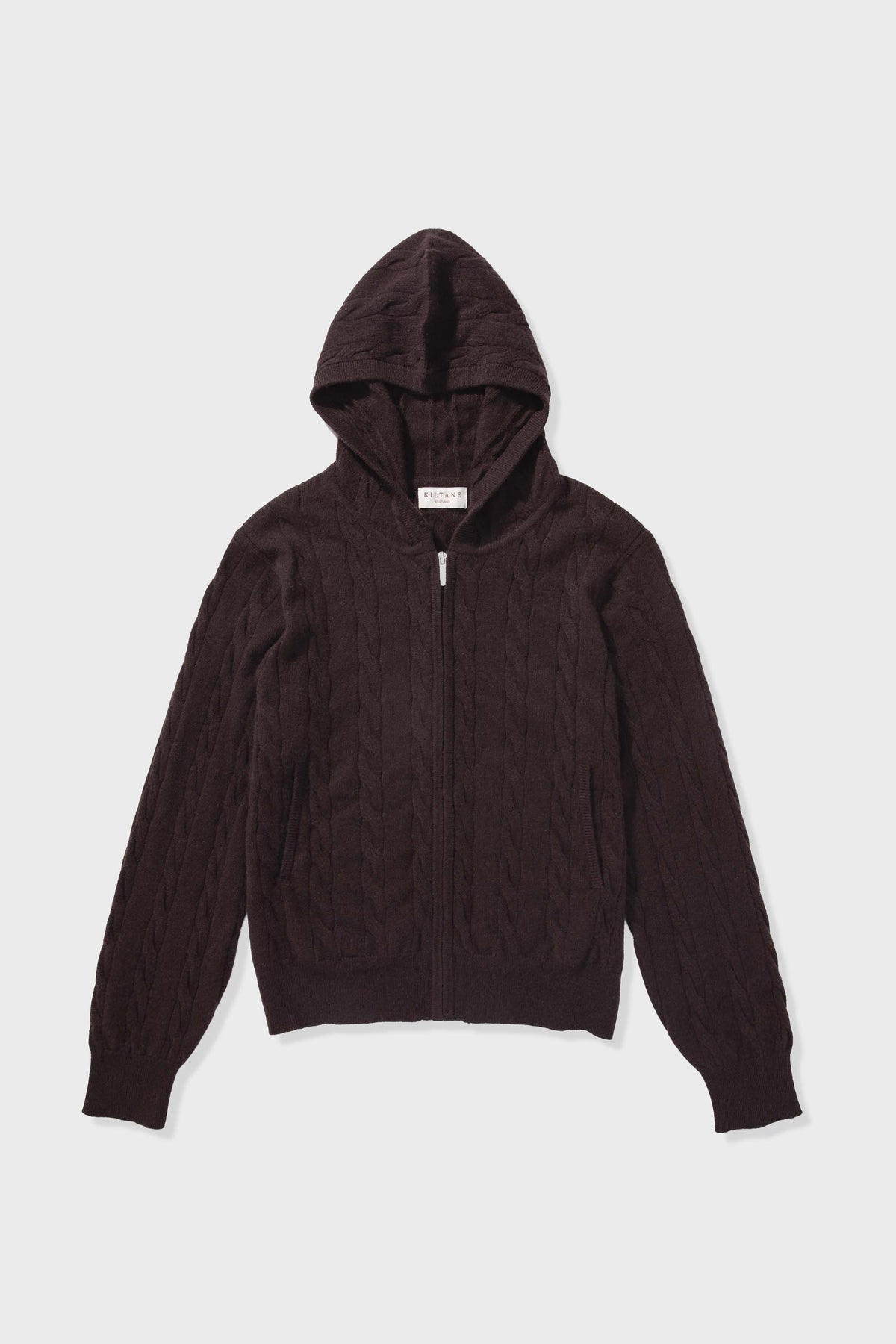 Unisex Cable Cashmere Zip Hoodie - Peat Brown