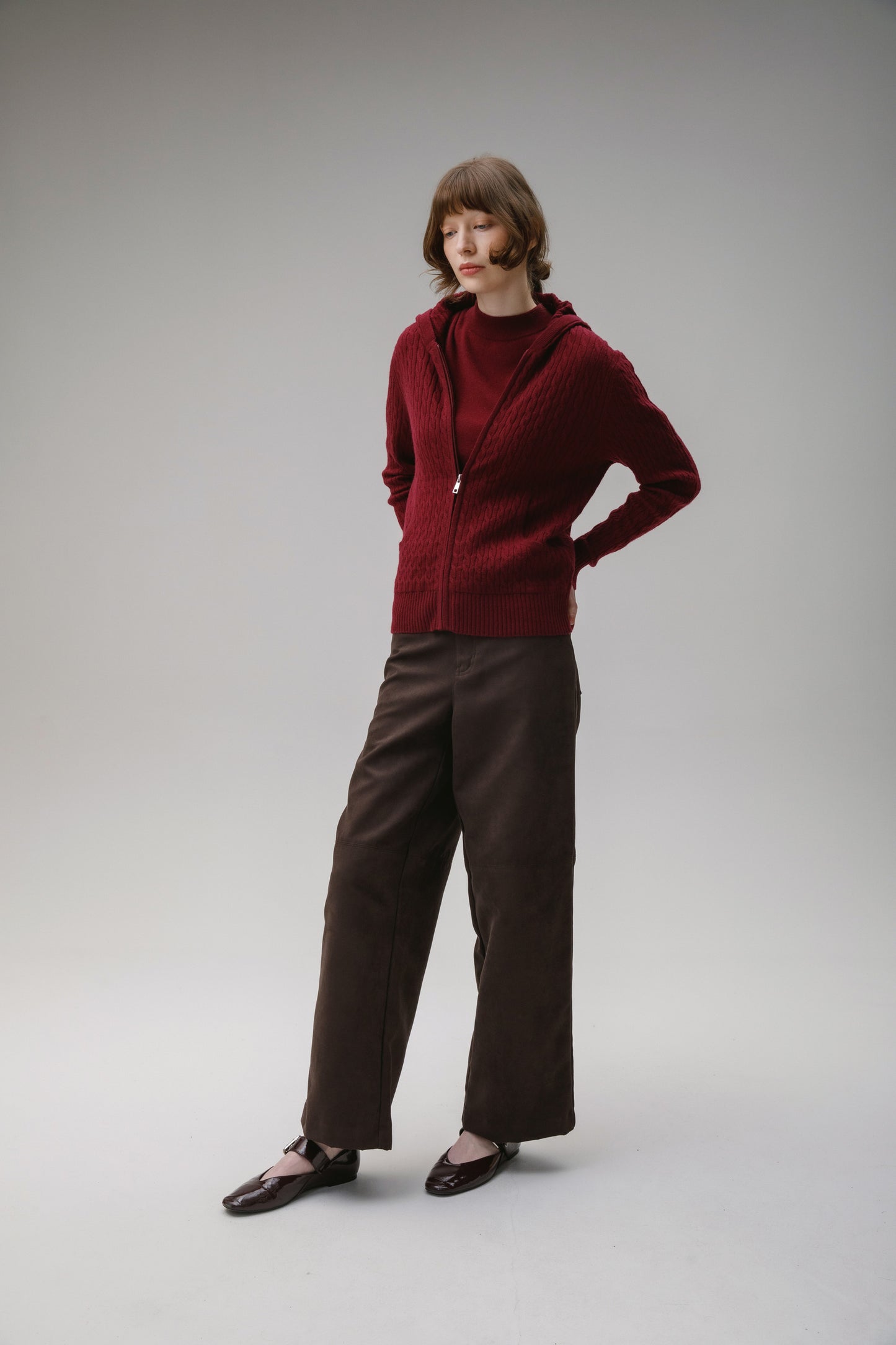Unisex Cable Zip Cashmere Hoodie - Burgundy
