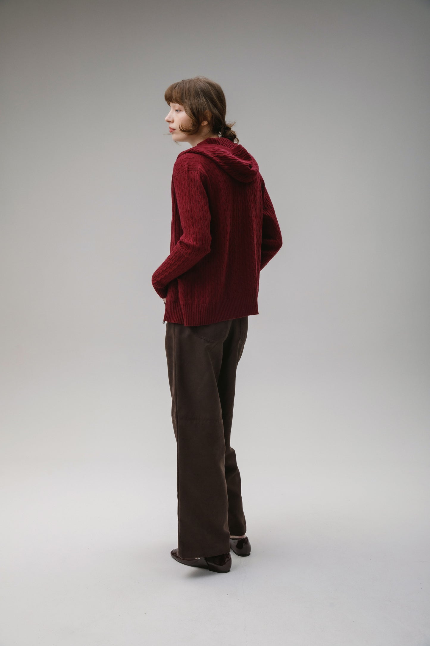 Unisex Cable Zip Cashmere Hoodie - Burgundy