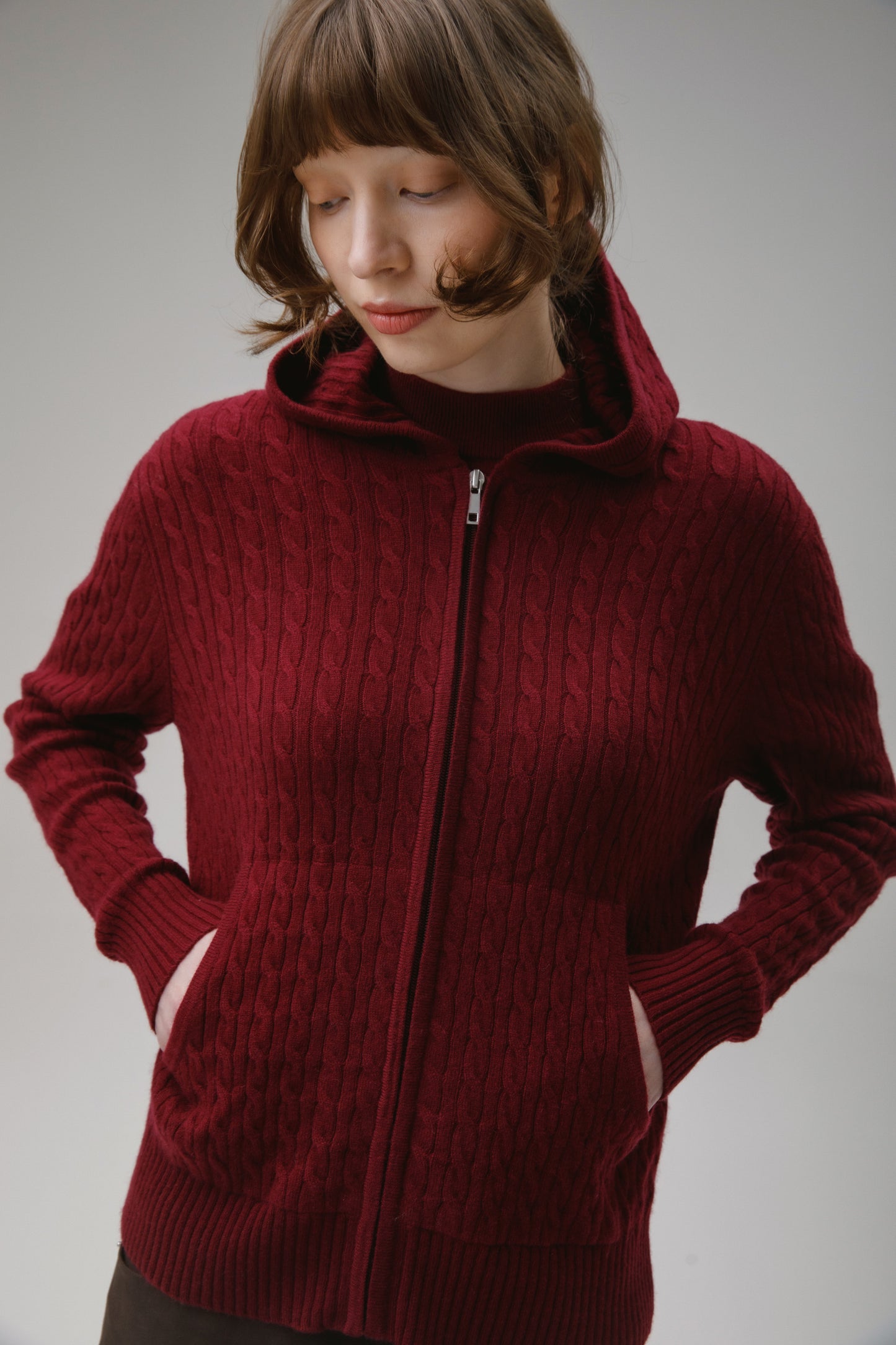 Unisex Cable Zip Cashmere Hoodie - Burgundy