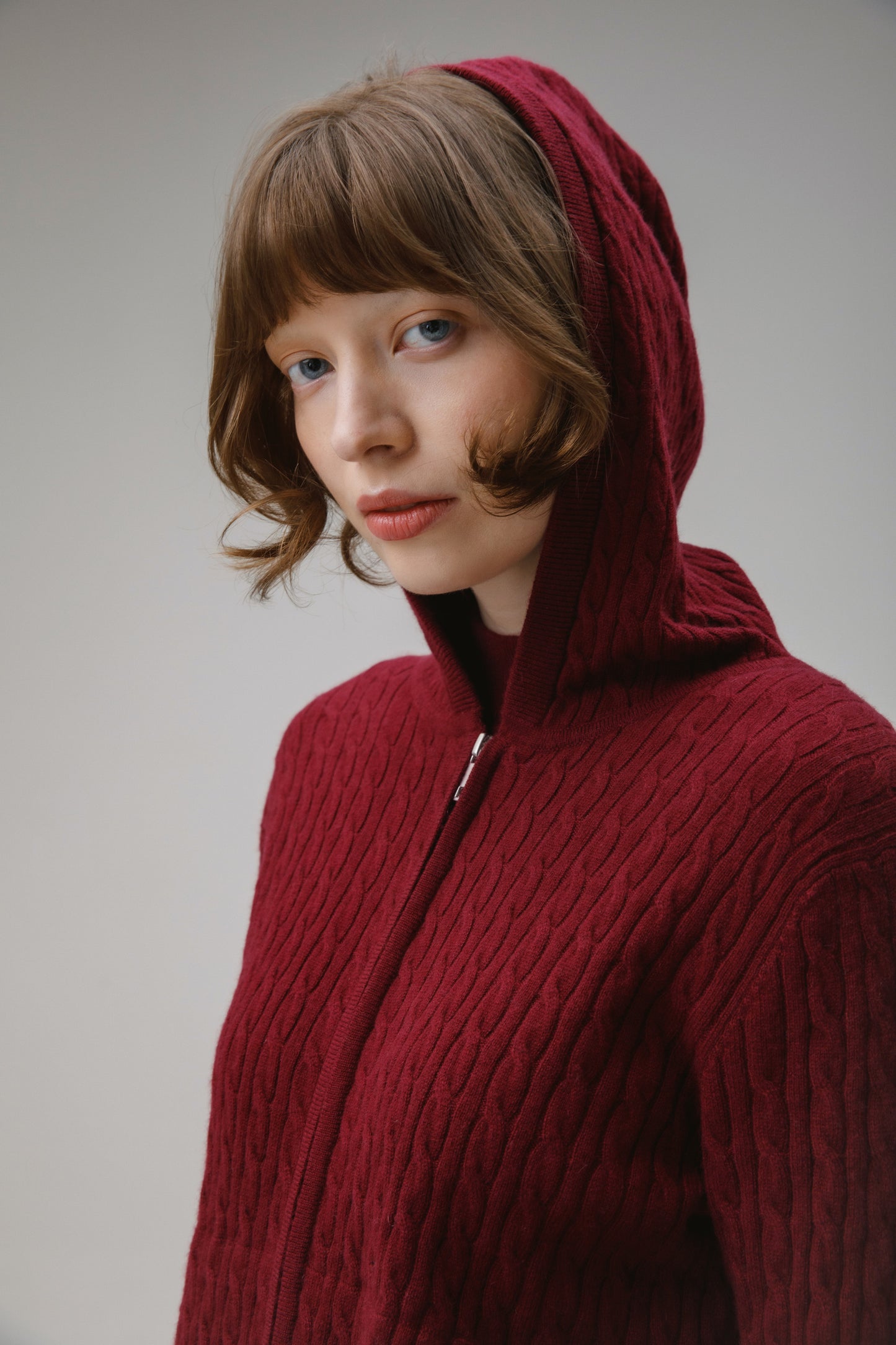 Unisex Cable Zip Cashmere Hoodie - Burgundy