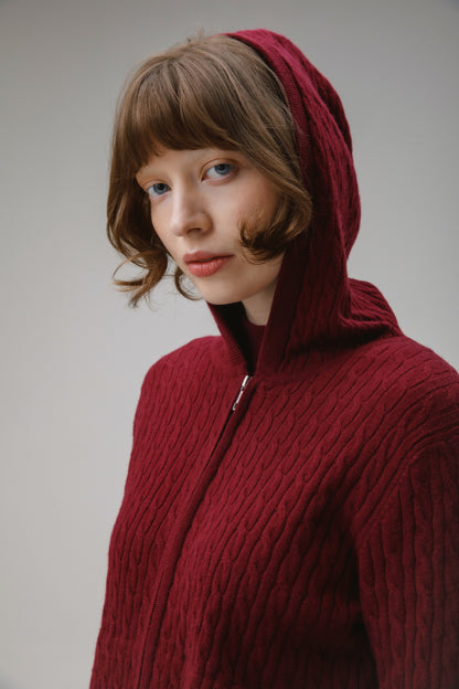 Unisex Cable Zip Cashmere Hoodie - Burgundy
