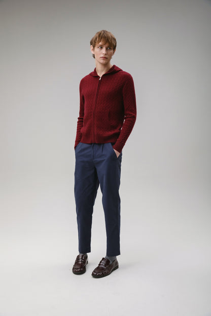 Unisex Cable Zip Cashmere Hoodie - Burgundy