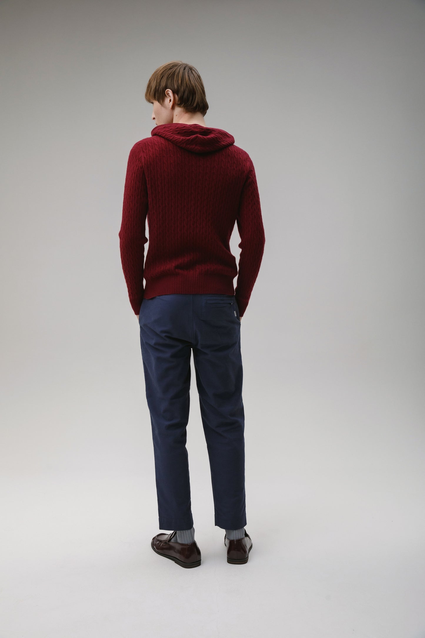 Unisex Cable Zip Cashmere Hoodie - Burgundy