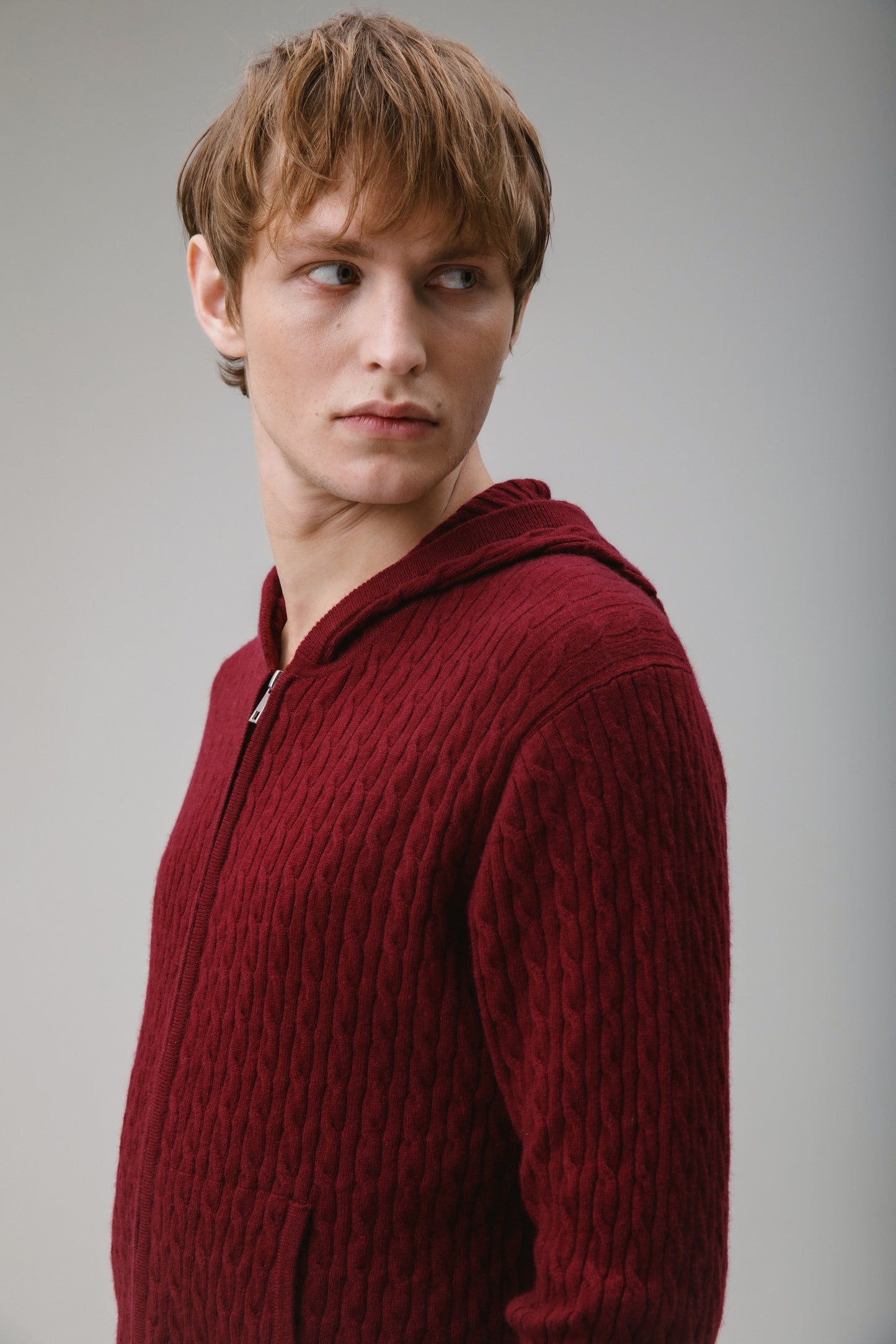 Unisex Cable Zip Cashmere Hoodie - Burgundy
