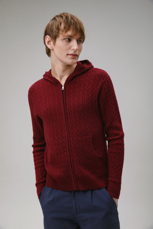 Unisex Cable Zip Cashmere Hoodie - Burgundy