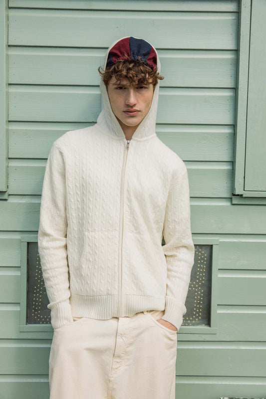 Unisex Cable Zip Cashmere Hoodie - Soft White