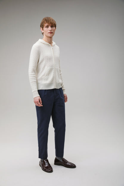 Unisex Cable Zip Cashmere Hoodie - Soft White