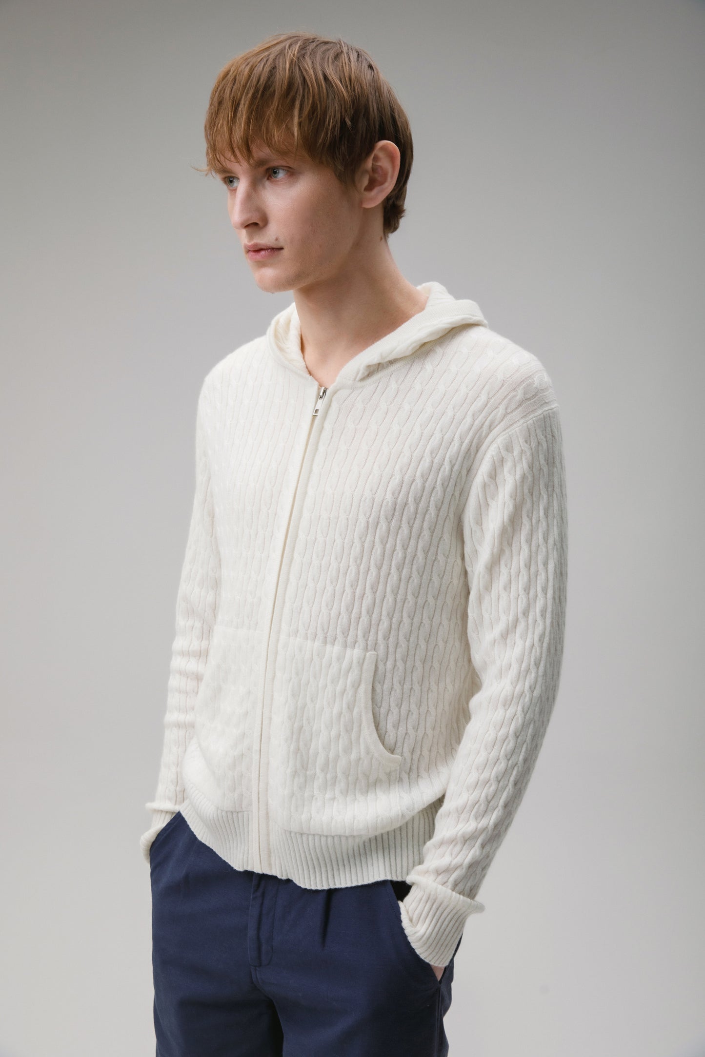 Unisex Cable Zip Cashmere Hoodie - Soft White