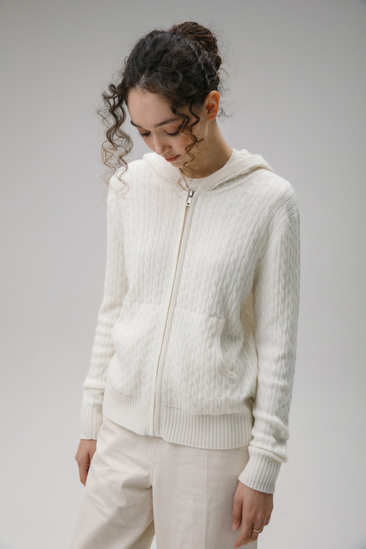 Unisex Cable Zip Cashmere Hoodie - Soft White