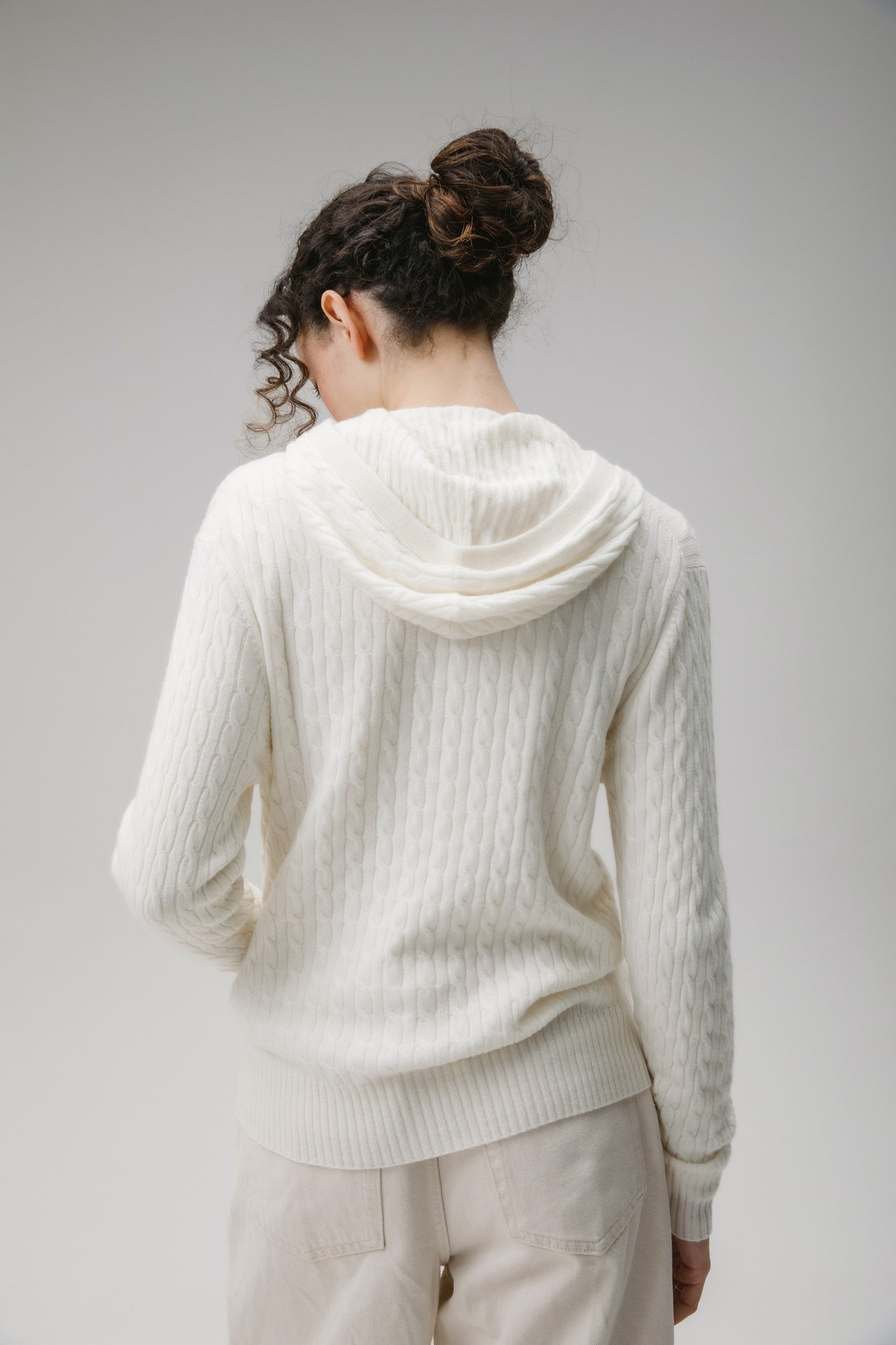 Unisex Cable Zip Cashmere Hoodie - Soft White