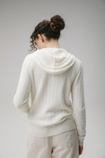Unisex Cable Zip Cashmere Hoodie - Soft White