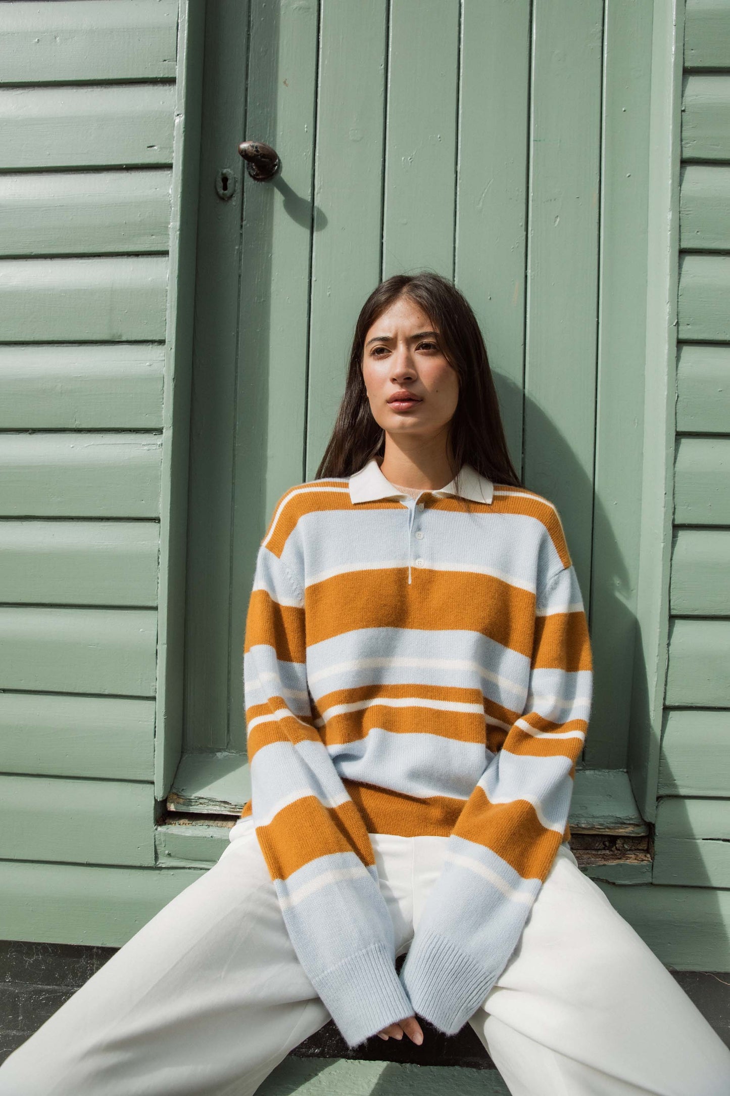 Unisex Stripe Rugby Cashmere Shirt - Blue Aura
