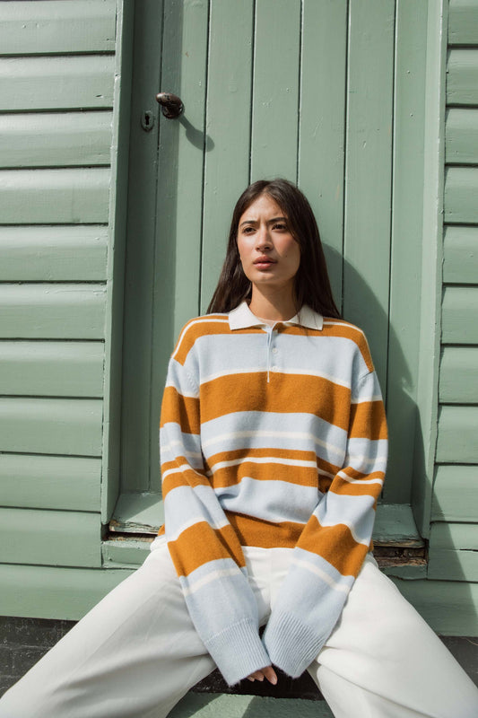 Unisex Stripe Rugby Cashmere Shirt - Blue Aura