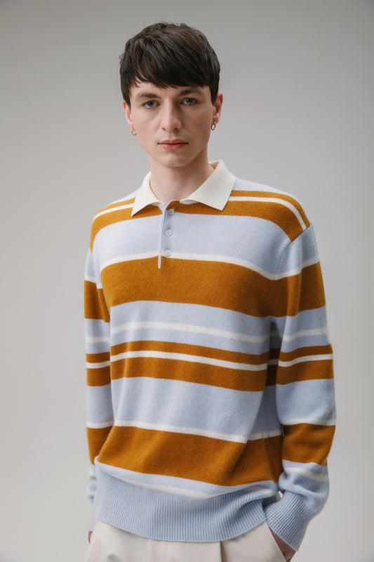 Unisex Stripe Rugby Cashmere Shirt - Blue Aura