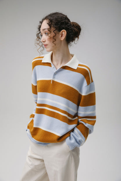 Unisex Stripe Rugby Cashmere Shirt - Blue Aura