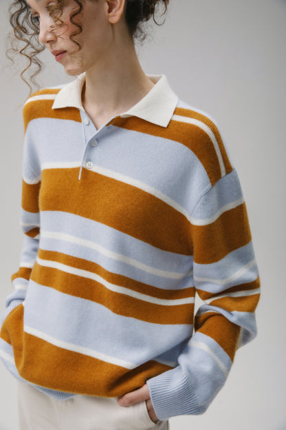 Unisex Stripe Rugby Cashmere Shirt - Blue Aura