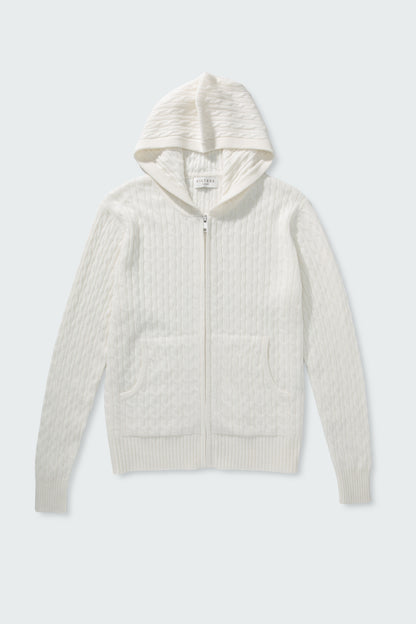 Unisex Cable Zip Cashmere Hoodie - Soft White