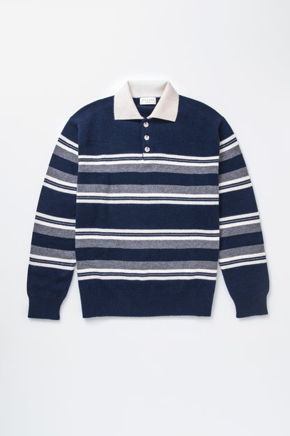 Unisex Stripe Cashmere Polo Shirt - Navy
