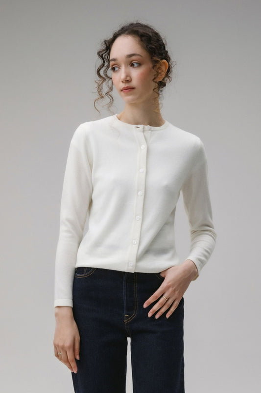 Women's Cashmere High Button Cardigan - Soft Cream