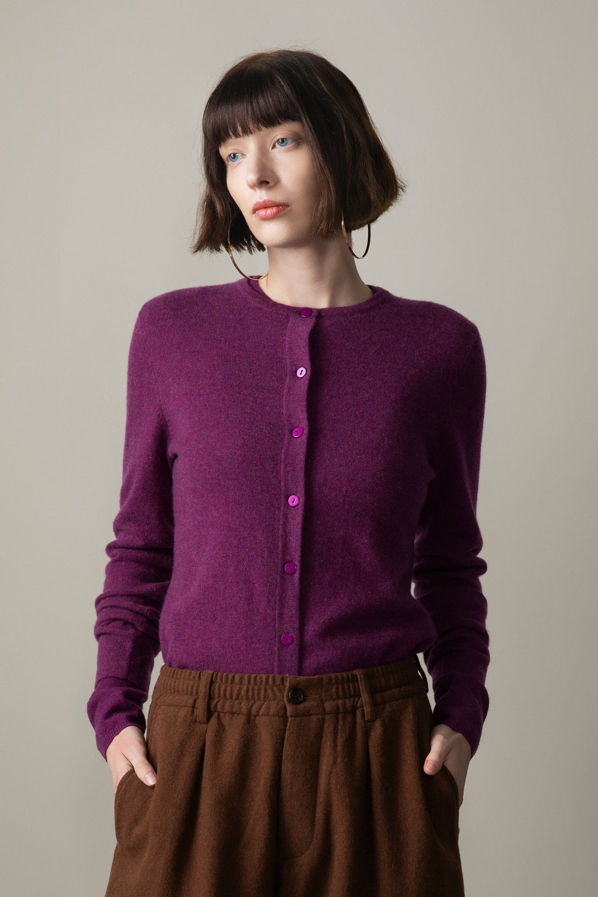 Women's Cashmere High Button Cardigan - Sloeberry