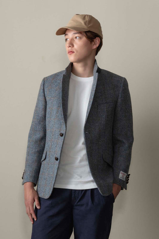 Men's Harris Tweed Finlay Jacket - Mid Blue Brown Windowpane