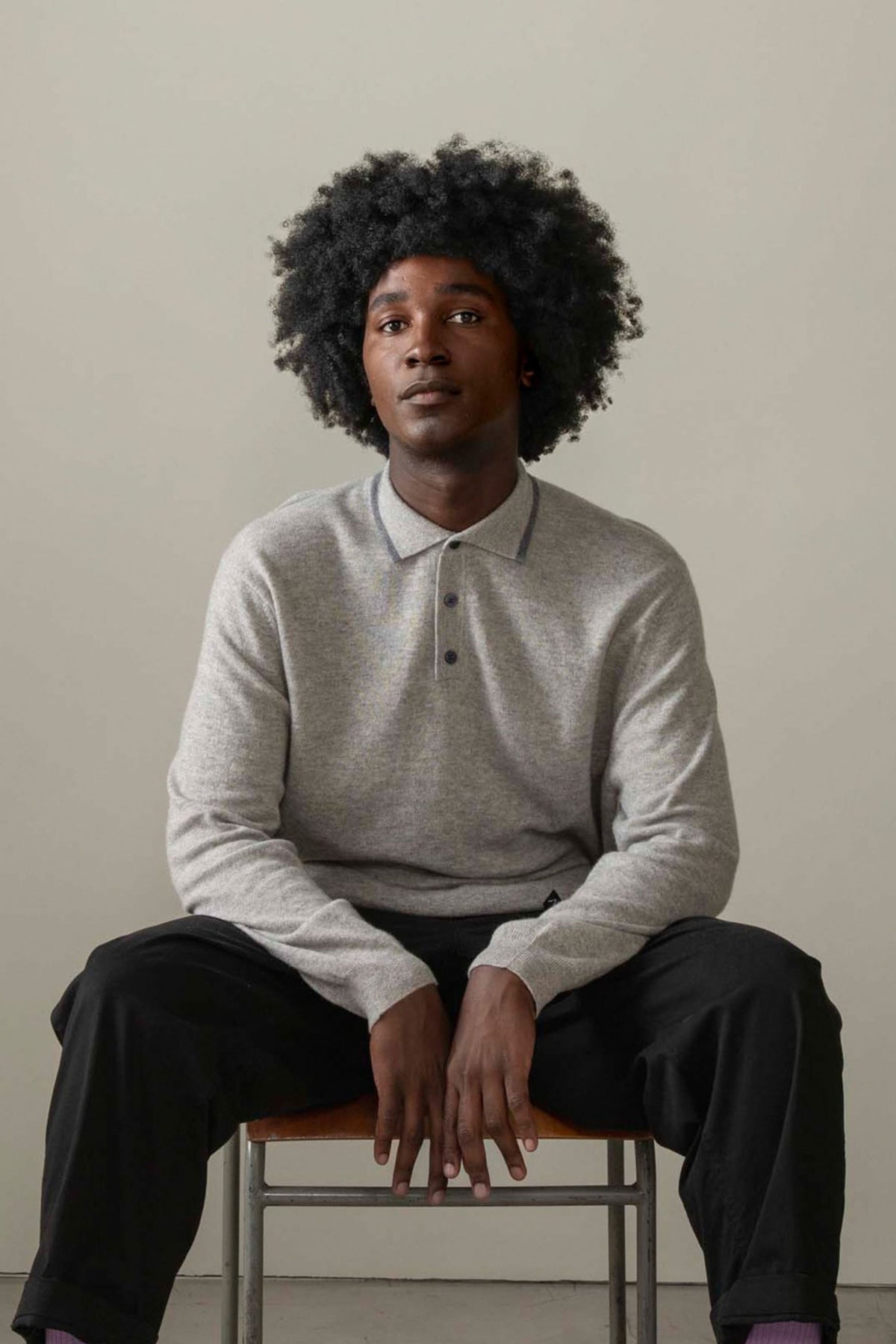 Men's Cashmere Long Sleeved Knitted Polo Shirt - Oyster Grey