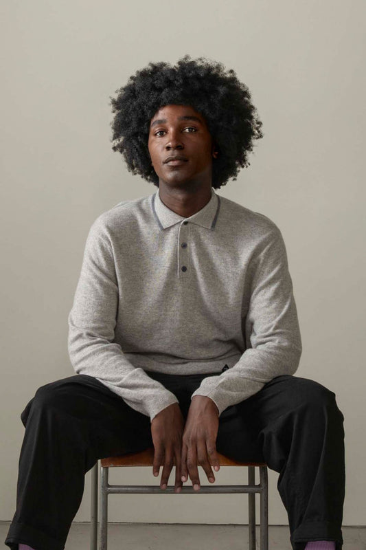 Men's Cashmere Long Sleeved Knitted Polo Shirt - Oyster Grey