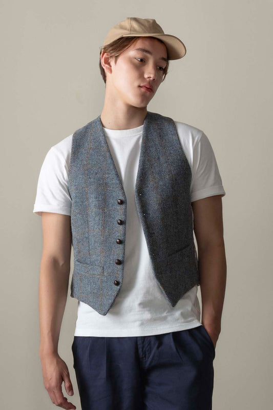 Harris Tweed Iain Waistcoat - Mid Blue Brown Windowpane