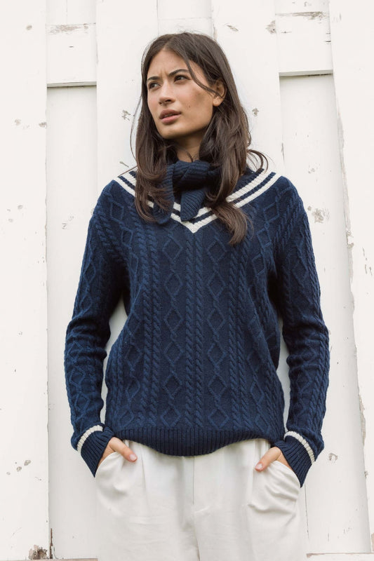 Women's Cashmere Cricket Style Jumper - Navy & Cream