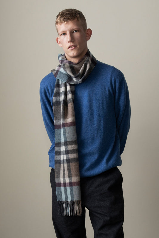 Tartan Lambswool Scarf - Blue Taupe