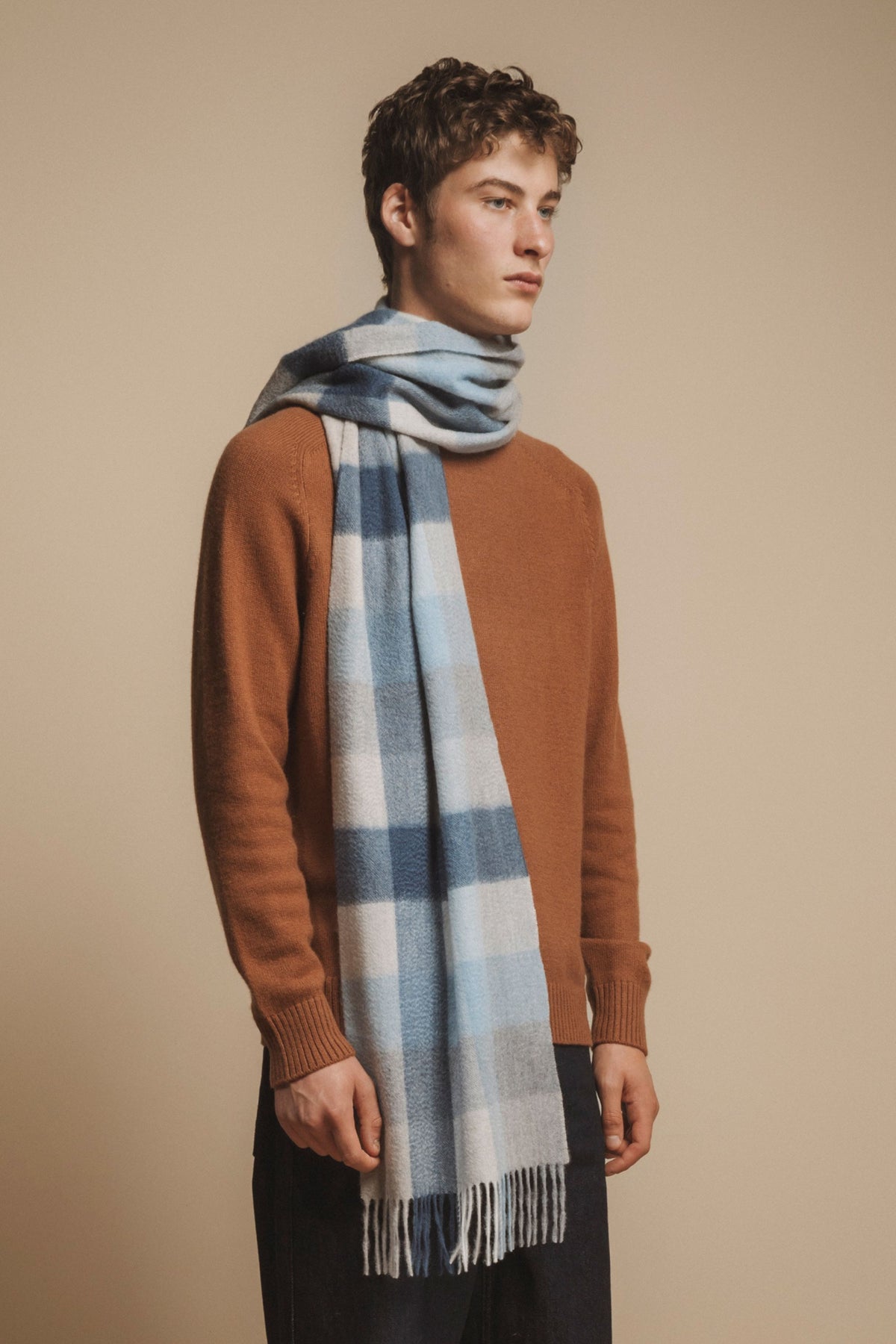 5 Square Check Cashmere Wide Scarf - Glacier