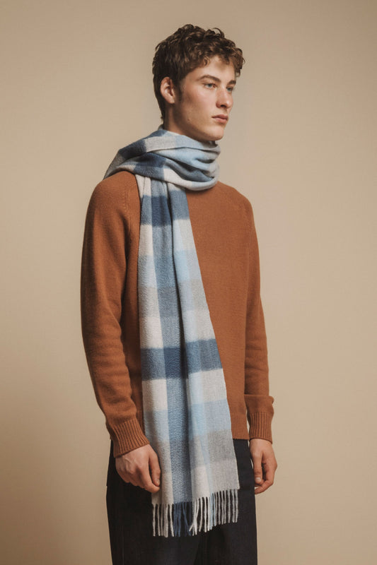5 Square Check Cashmere Wide Scarf - Glacier
