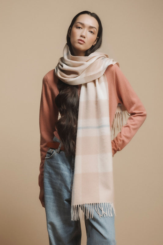 Contemporary Check Cashmere Wide Scarf - Champagne Pink