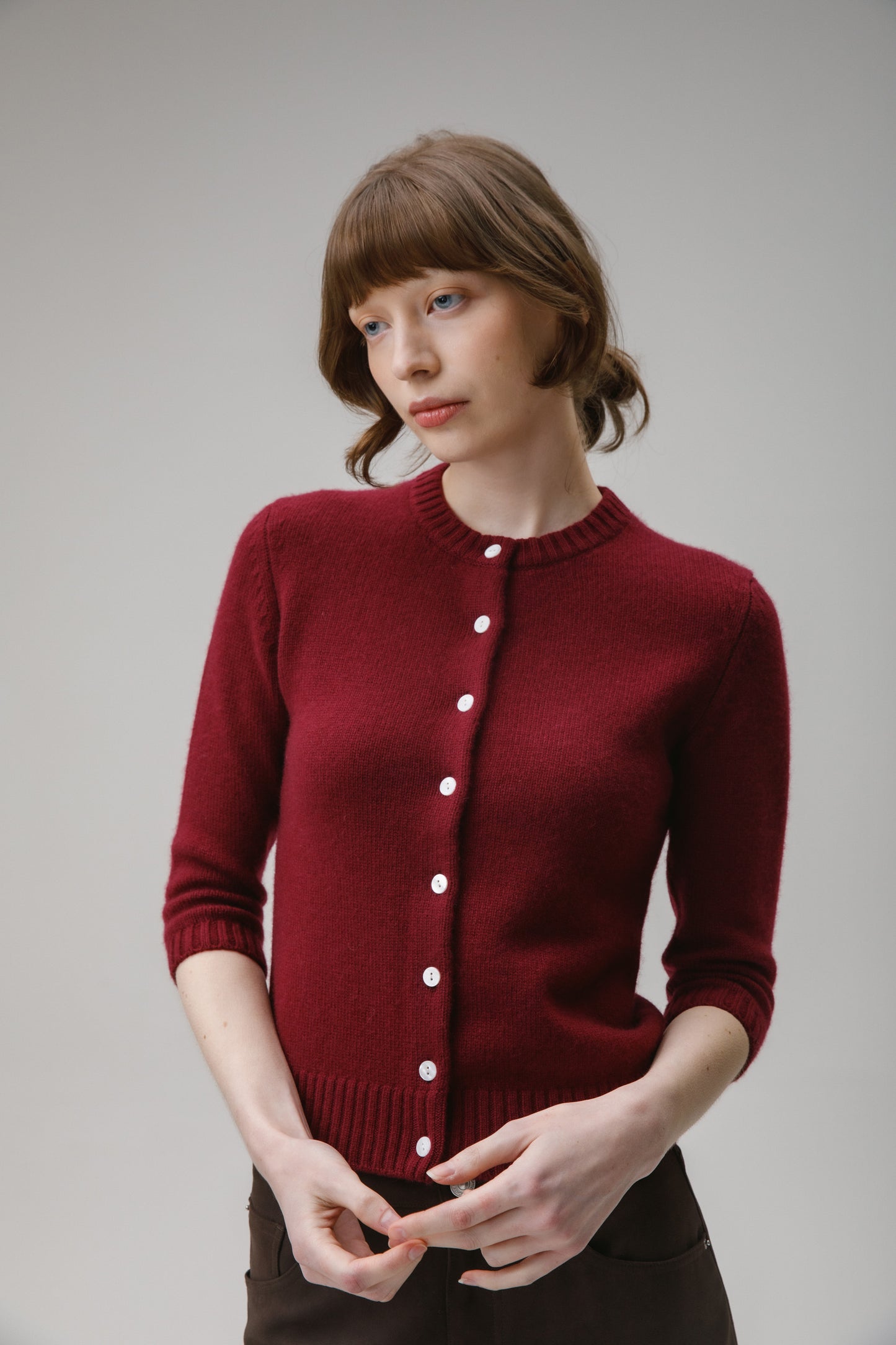 Women's New Town 3/4 Sleeve Cashmere Cardigan - Burgundy