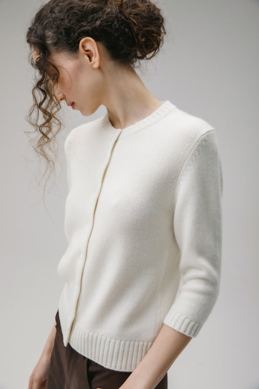 New Town 3/4 Sleeve Cashmere Cardigan - Soft White
