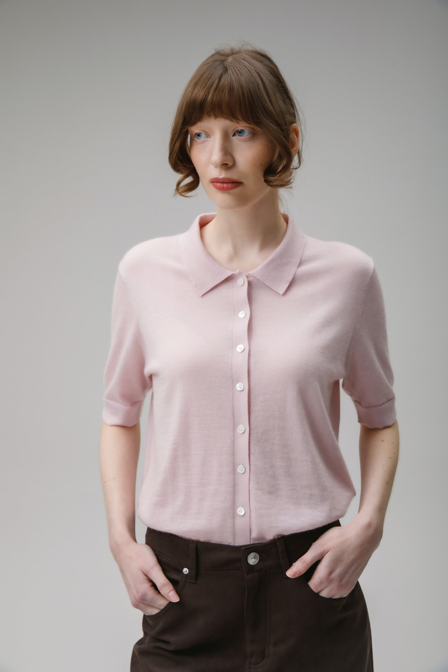 Women's Cashmere Polo Cardigan - Soft Pink